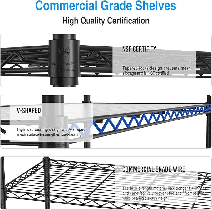 3 Tier NSF Wire Shelf Shelving Unit, 18 x 48 x 48 Inch 1050lbs Capacity Heavy Duty Adjustable Storage Metal Rack with Leveling Feet & Shelf Liners, Ideal for Garage, Kitchen, Office and More - Black