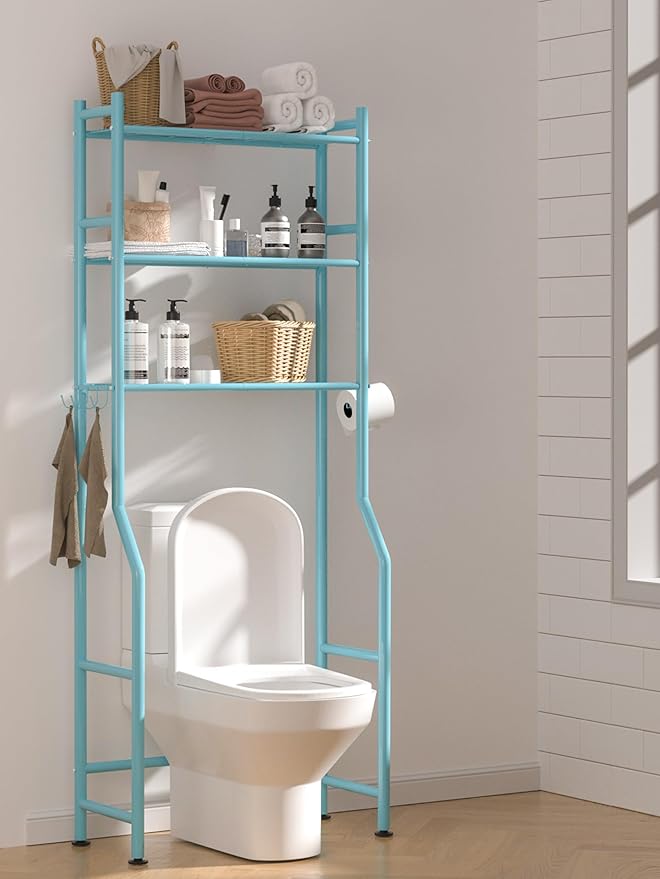3-Tier Over The Toilet Storage, Space Saver Metal Bathroom Shelves, Freestanding Above Over Toilet Storage Shelf with 4 Hooks for Bathroom, Blue-NeatNest