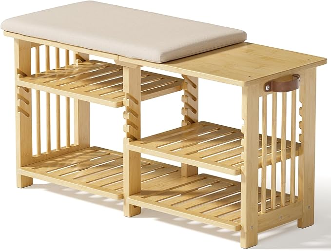 Amazer Bamboo Shoe Rack Bench, 3-Tier Shoe Bench Height Adjustable, Entry Bench with Side Storage Strap, Shoes Organizer Storage Bench, Shoe Shelf with Seat Cushion for Entryway, Living Room, Hallway-NeatNest