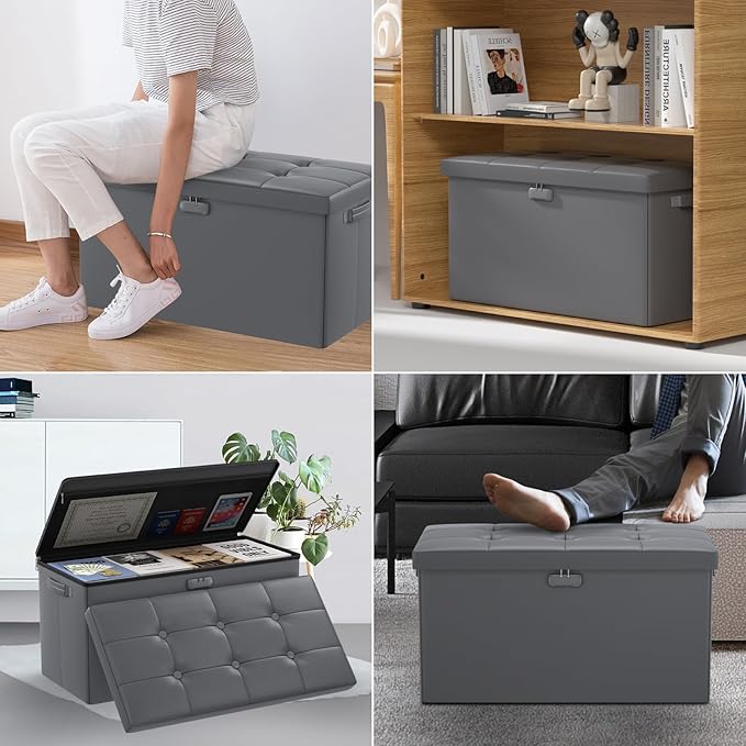 DocSafe Storage Ottoman Bench with Lock,Fireproof 30 Inches Folding Bench Foot Rest Stool Storage Chest Safe for Living Room,Bedroom,Home Office,Waterproof Leather Ottoman with Handles,Gray-NeatNest