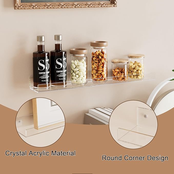 24'' Clear Acrylic Wall Long Shelf 2 Pack, Acrylic Floating Book Shelves, Wall Mounting Invisible Ledge Book Shelf-NeatNest