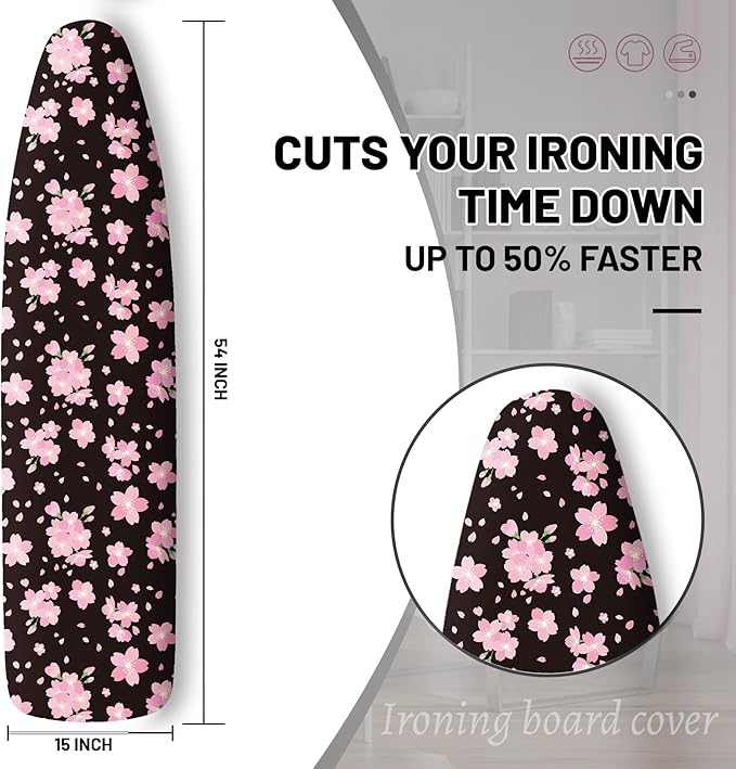 Extra Thick Ironing Board Cover and Pad, Cherry Blossoms 15x54 Ironing Board Cover, Resist Scorching and Staining,Elastic Edges,Pink Floral Leaves Spring Flower White