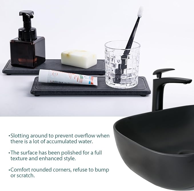 2 Pcs Water Absorbing Stone Trays, Kitchen/Bathroom Sink Soap Dish, Diatomite Tray Used for Hand Soap & Cosmetic Bottles in The Modern Home, 4" W x 10.2" L, Dark Gray-NeatNest