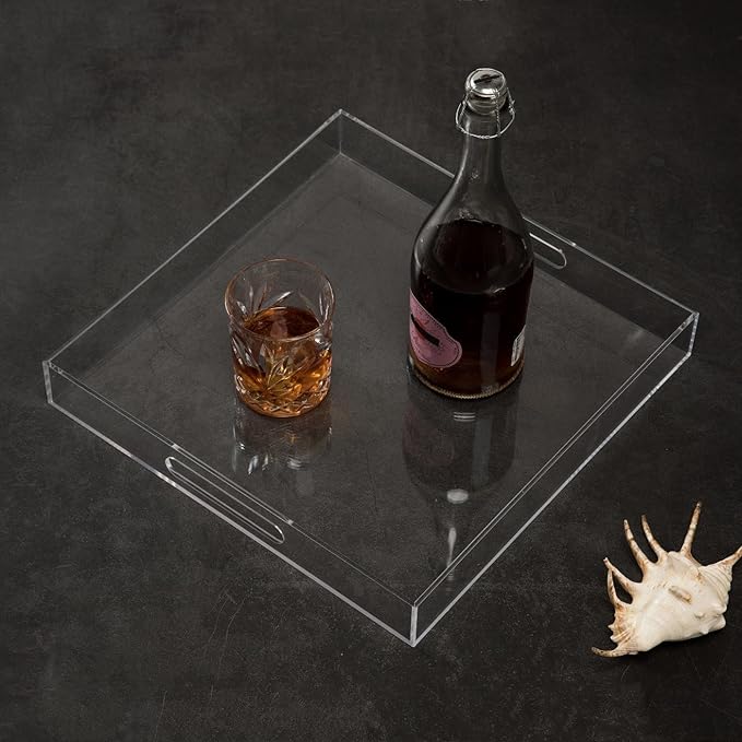 Clear Sturdy Acrylic Serving Tray with Handles - 14x14Inch - Coffee, Appetizer, Breakfast, Butler Tray - Kitchen Countertop & Makeup Drawer Organizer-NeatNest