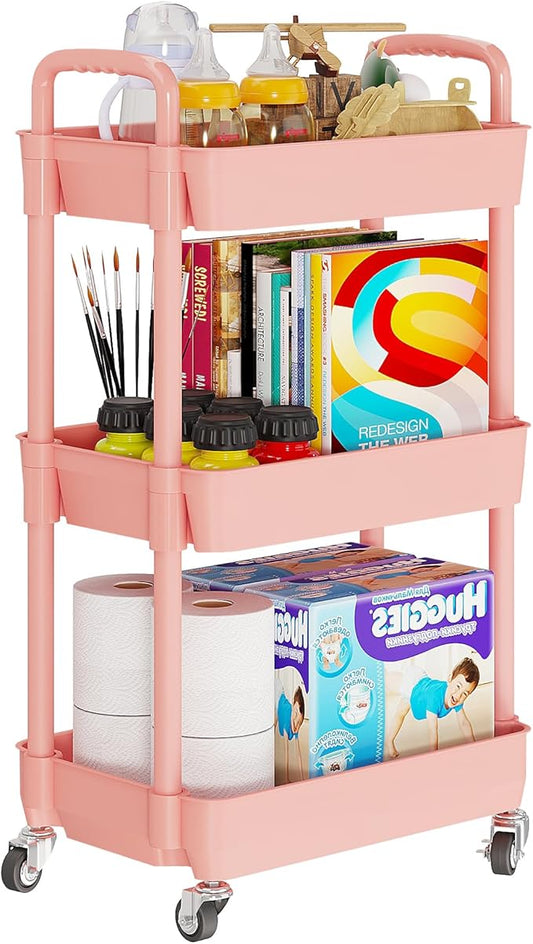 Laiensia 3-Tier Rolling Cart with Wheels,Multifunction Utility Storage carts, Kitchen Storage Organizer,Mobile Shelving Unit for Bathroom,Laundry,with Classified Stickers,Pink-NeatNest