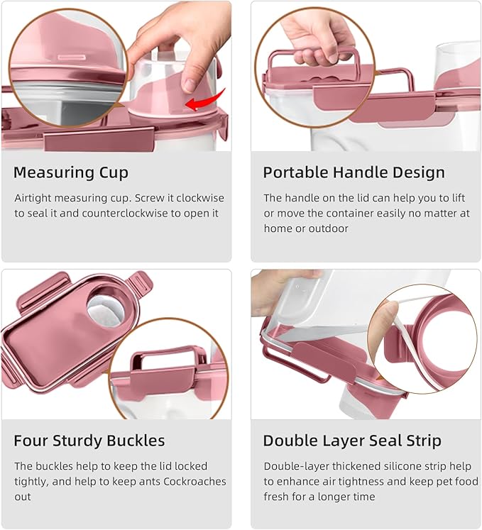 5-7LBS Airtight Dog Cat Food Storage Container with Pet stacking bowls, Upgraded Large Nozzle Clear Plastic Pet Storage Bin BPA-Free for Cats, Dogs, Birds, Chickens, Fishs-6Qt (Rose Pink 5L-1pack)-NeatNest