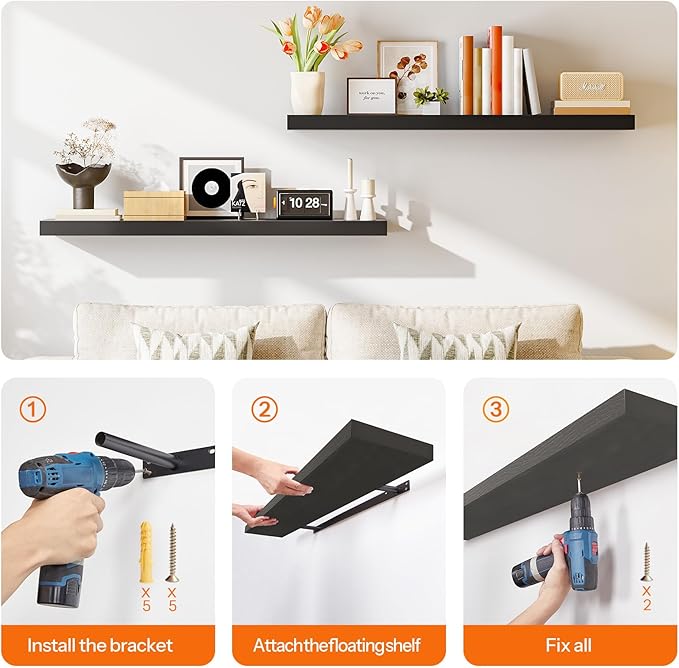 HOOBRO Floating Shelves for Wall, Wall Mounted Shelf Set of 2, 47.2" Hanging Shelf with Invisible Brackets, for Wall in Bathroom, Bedroom, Toilet, Kitchen, Living Room, Office, Black BK120BJP201-NeatNest