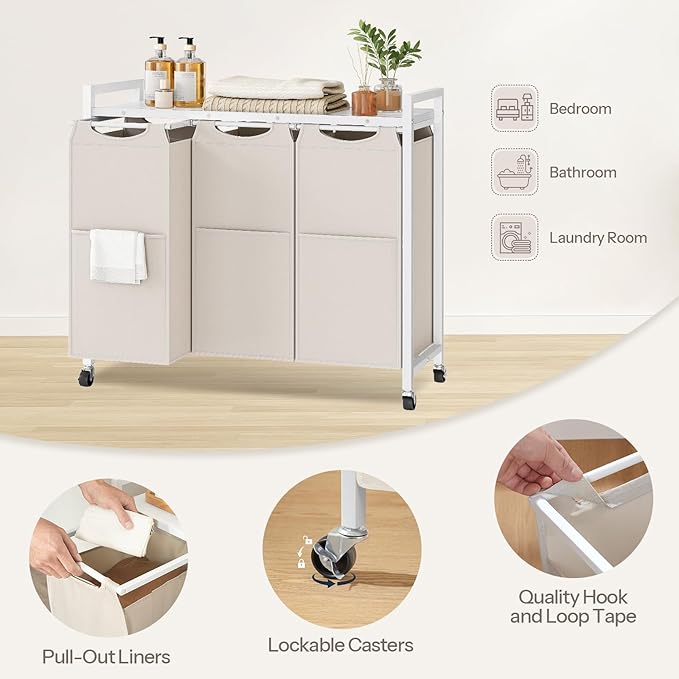 HOOBRO Laundry Sorter 3 Section, Laundry Hamper with Wheels, 3 × 11.5 Gal (43.4L), Rolling Laundry Basket, Pull-Out and Removable Oxford Fabric Bags, White WG76XY01-NeatNest