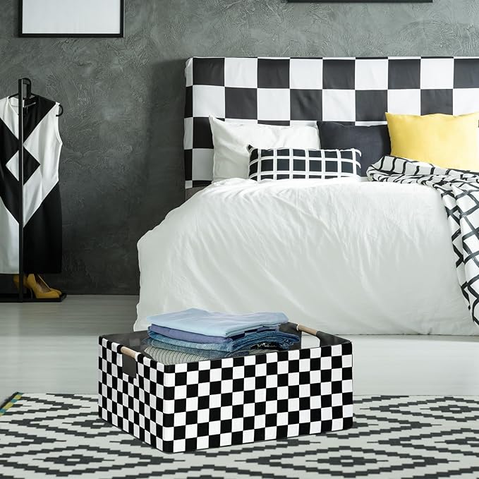 Checkered Storage Basket Foldable Nursey Box | 16.9" Storage Cube for Women Closet Organizer Boys Car Toys Bins with Handles | Sturdy Cardboard & Washable Fabric 2Pack-NeatNest