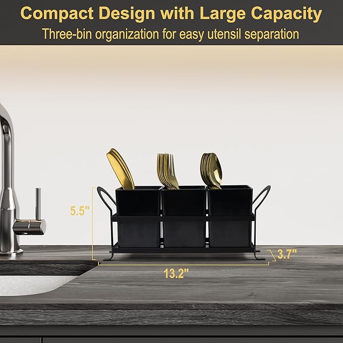 Cutlery Holder with Drain Holes, Dishwasher Safe Silverware Caddy for Party, Kitchen Counter, 3pcs Bins Set Countertop Utensil Holder for Spoons, Forks and Knives, Black-NeatNest