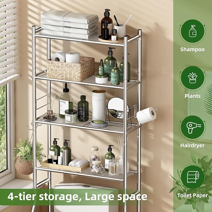 4-Tier Over The Toilet Rack, Shelf Bathroom, Bathroom Storage Organizer with 4 Hooks and Holder Space Saver, Chrome