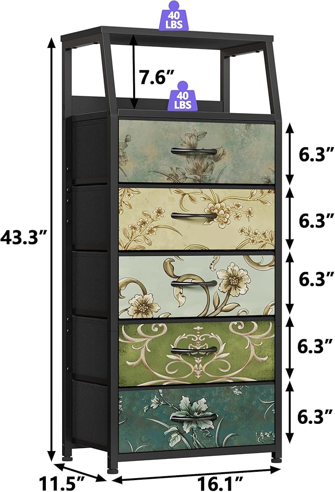 Furnulem Retro 5 Drawers Dresser, Tall Dressers for Bedroom, Closet, Hallway, Nursery, Fabric Storage Tower Organizer, Vertical Nightstand Side Table Furniture, Steel Frame, Wood Top-NeatNest