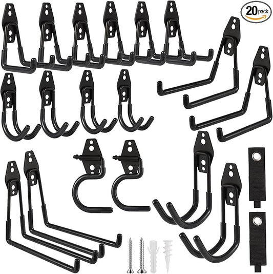 Garage Hook Heavy Duty Wall Storage Hangers, 20 Pack Garage Storage Hooks Steel Tool Black for Ladders, Ropes, Garden Tools-NeatNest