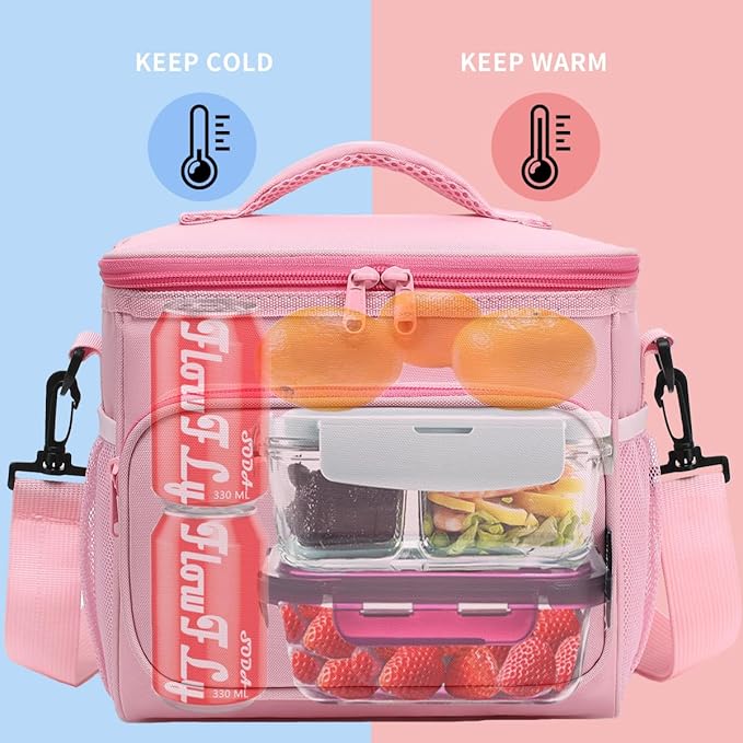 FlowFly Insulated Reusable Lunch Bag Adult Large Lunch Box for Women and Men with Adjustable Shoulder Strap,Front Zipper Pocket and Dual Large Mesh Side Pockets,Pink-NeatNest