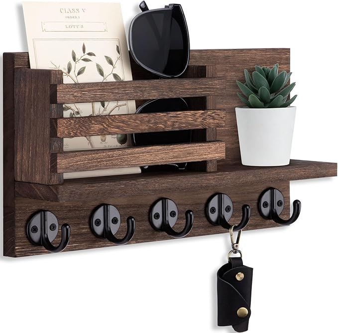 Key Holder for Wall – Decorative Wooden Mail Holder and Key Shelf with Mounting Hardware, Installation Guide – Paulownia Wood with 5 Metal Key Hooks (11.8” x 6.7” x 2.8”)