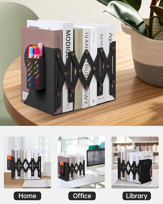 Honagu Adjustable Bookends, Metal Book Ends for Shelves Heavy Book, Desk Magazine File Organizer for Home, Office, Books, Papers, Extends up to 19 inches with Pen Holder (Black)