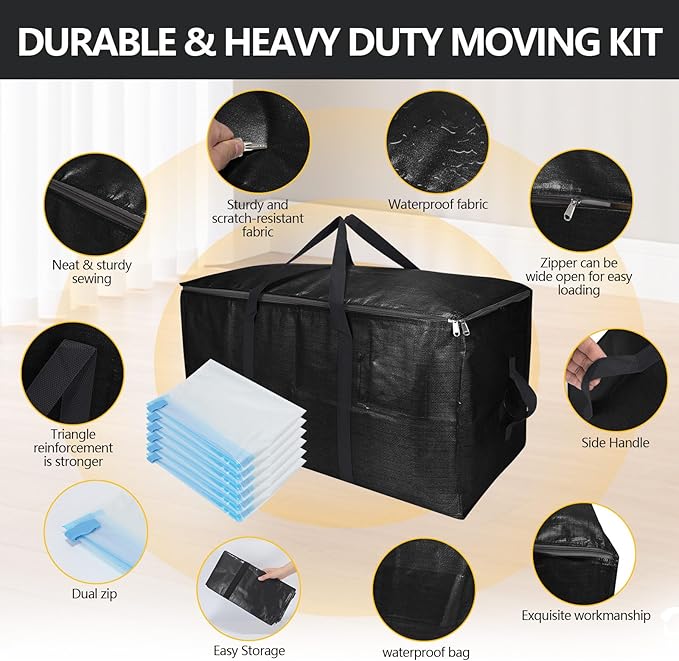 Extra Large Storage Bags Set Heavy Duty Moving Totes with Handles & Clear Tag Pocket, Waterproof Dual-Way Carrying Design College Moving Supplie, (Black, 14 Park-4 Moving bag & 10 Vacuum Seal Bags)