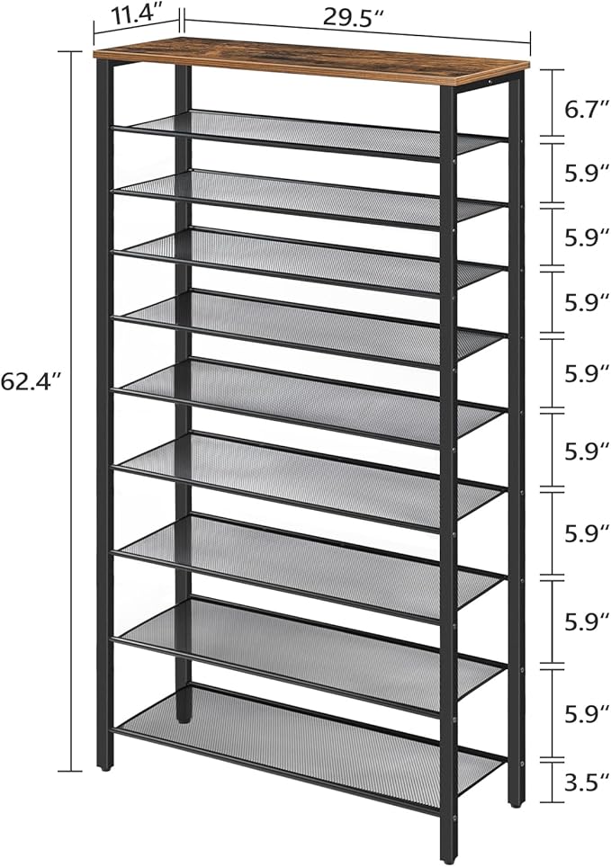 10-Tier Shoe Rack, Shoe Organizer for Entryway, Large Capacity Shoe Shelf, for 36-40 Pairs of Shoes, Stable Sturdy, Shoe Storage with 9 Metal Mesh Shelves, Rustic Brown SRHR1101Z-NeatNest