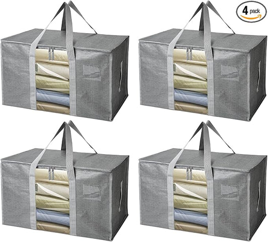 BALEINE 4-Pack Oversized Moving Bags with Reinforced Handles, Heavy-Duty Storage Tote for Clothes, Moving Supplies (Grey with Window, 4 Pack)-NeatNest