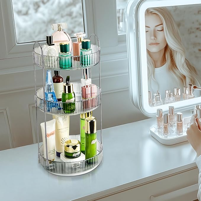 360 Rotating Makeup Organizer, 3 Tier Lazy Susan Bathroom Organizer, Easy to Install, Ideal Storage for Perfume, Skincare, Cosmetic, Dresser or Vanity Countertop (Classic Grey, 3 Tier)-NeatNest