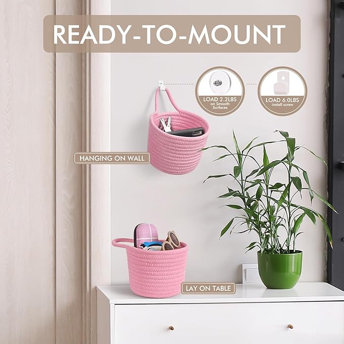 Fabric Wall Hanging Baskets - 3Pack Woven Pouchs Boho Style Wall Mounted Bag with Adhesive Hooks, Storage Organizers and Decoration Pocket Caddy Bins on Door Rack (Bright Pink & White, Large)
