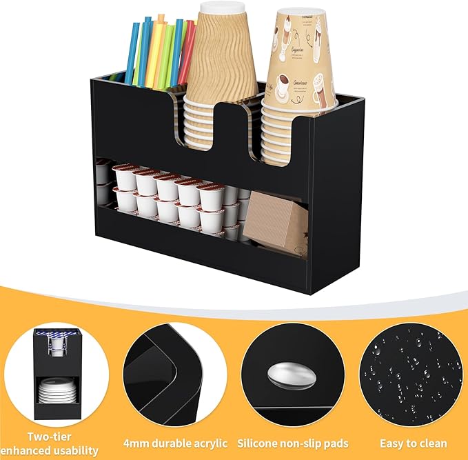 Coffee Condiment and Cup Organizer - 2-Tier Upright Cup and Lid Holder with Straw Organizer 4 Compartments Black Acrylic Cup Dispenser for Restaurant Breakroom Coffee Station Countertop-NeatNest