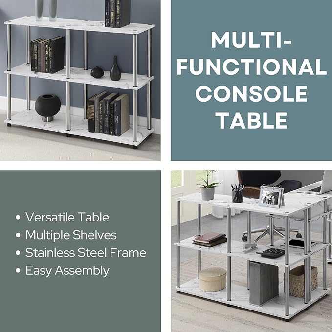 Convenience Concepts Designs2Go No Tools 3 Tier Wide Console Table 42" - Modern Accent with Shelves for TV Media Center, Office Desk Extension, Entryway Display, & Home Storage, White Faux Marble-NeatNest