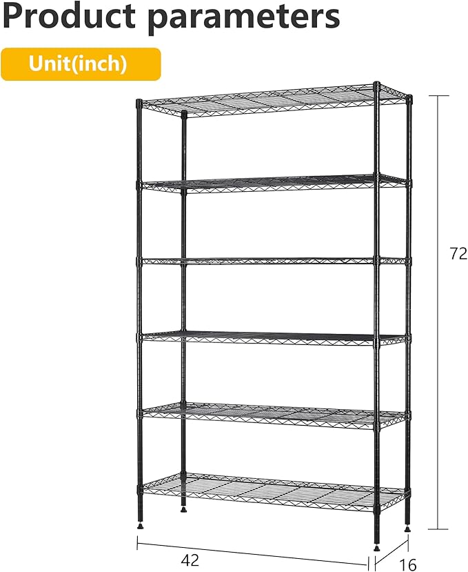 16''Lx42''Wx72''H 6 Shelf Wire Shelving Unit Heavy Duty Metal Storage Shelves NSF Wire Shelf Organizer Black Height Adjustable Utility Steel Commercial Grade Layer Shelf Rack 1500 LBS Capacity-NeatNest