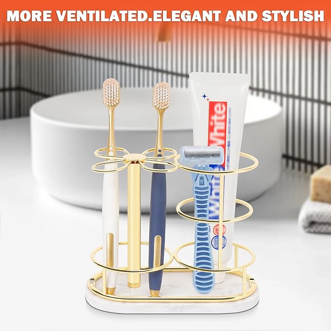 HarJue Toothbrush Holder Stand for Bathroom, Metal Toothbrush Organizer with Marble Base, Toothbrush Storage Collection for Family, Suitable for Home Hotel Countertop Vanity (Medium, Gold)