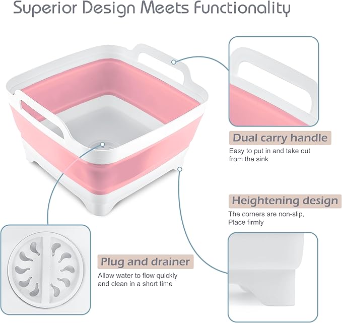2.4 Gal(9L) Collapsible Dish Basin with Drain Plug, Space Saving Outdoor Multiuse Foldable Sink Tub, Dishpan, Kitchen Storage Tray for Camping, Vegetable Washing, RV (Pink)-NeatNest