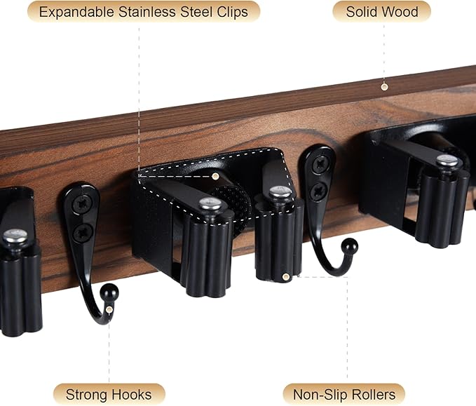 Broom Holder Wall Mount With 5 Slots & 4 Hooks，Rustic Wood Broom & Mop Hanger，Wall Mounted Garden & Garage Tool Storage Organizer Rack for Closet Laundry Room or Kitchen Wall Decor-NeatNest
