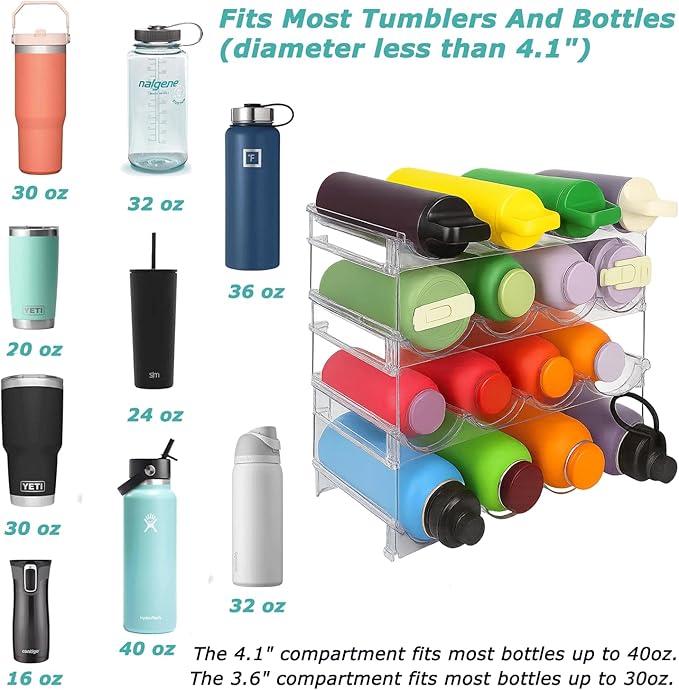 INKLET 4-Pack Clear Stackable Water Bottle Organizer Rack – 4 Tier Large Compartment Storage for Stanley, Cup Organizer Tumblers – Kitchen Cabinet & Pantry Organizer – Holds 16 Bottles-NeatNest
