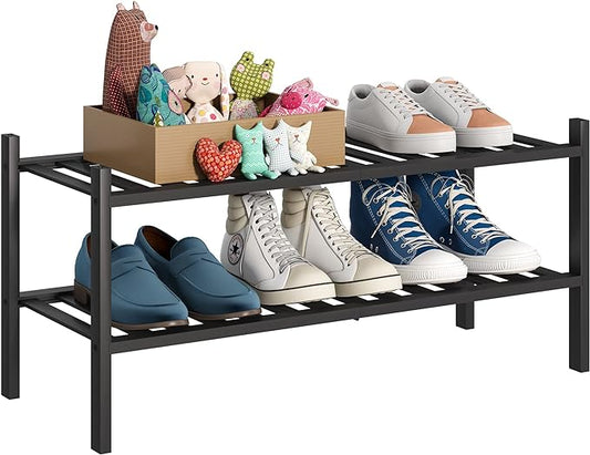 BMOSU 2-Tier Bamboo Shoe Rack Premium Stackable Shoe Shelf Storage Organizer for Hallway Closet Living Room Entryway Organizer (Black Bamboo)-NeatNest