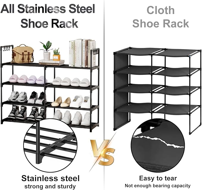 2 Rows 4 Tier Shoe Rack, Black Metal Stackable Shoe Shelf with Multifunctional Hooks, Hold 16-20 Pairs, Space Saving Shoe Organizer for Closet, Bedroom-NeatNest