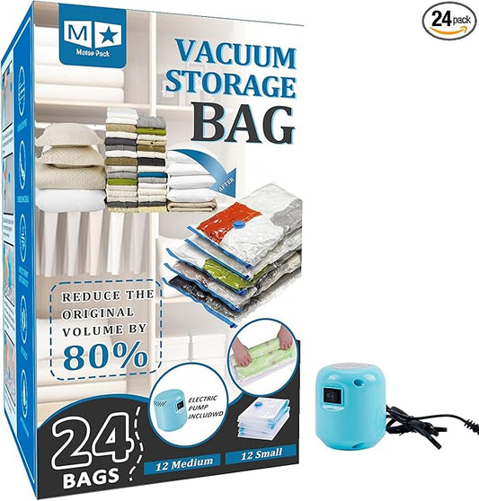 Vacuum Storage Bags with Electric Air Pump,24 Pack (12 Medium,12 Small Bags) Zip Seal Space Saver Bag for Travel Clothes,Blanket,Duvets,Pillows,Comforters-NeatNest