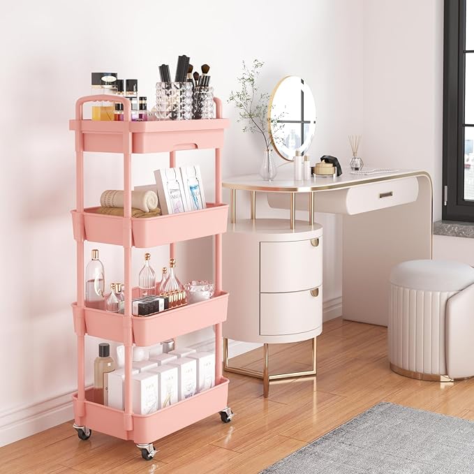Calmootey 4-Tier Rolling Utility Cart with Drawer,Multifunctional Storage Organizer with Plastic Shelf & Metal Wheel,Storage Cart for Kitchen,Bathroom,Living Room,Office,Pink-NeatNest