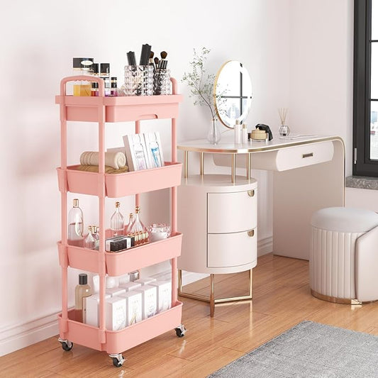 Calmootey 4-Tier Rolling Utility Cart with Drawer,Multifunctional Storage Organizer with Plastic Shelf & Metal Wheel,Storage Cart for Kitchen,Bathroom,Living Room,Office,Pink-NeatNest