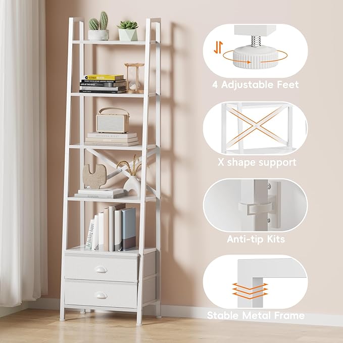 Furologee 5-Tier Ladder Shelf with 2 Drawers,Narrow Bookshelf Storage Shelves,Industrial Bookcase Freestanding Rack Units for Bedroom,Living Room,Bathroom,Home Office,Balcony,Wood Metal, White