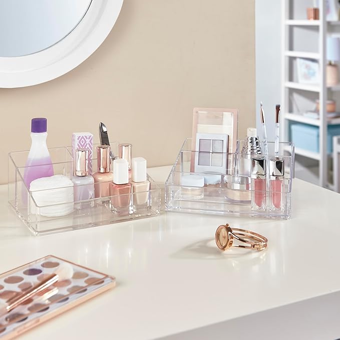 STORi Clear Plastic Small Countertop Vanity Makeup Organizer, Compact Rectangular 4-Compartment Holder for Brushes, Eyeshadow Palettes, & Beauty Supplies, Made in USA-NeatNest