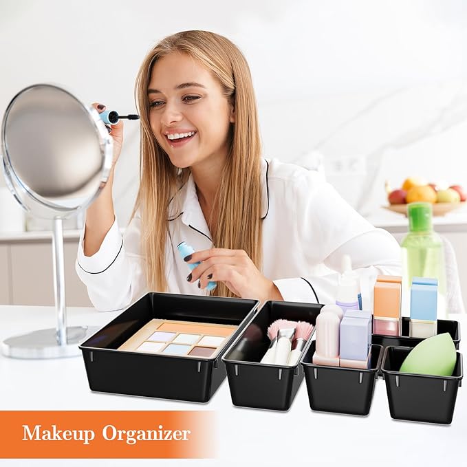 25 PCS Plastic Drawer Organizer Set, 4-Size Versatile Organizer Trays & storage Bins for Makeup, Jewelry, and Gadgets in Bathroom, Bedroom and Office, Black-NeatNest