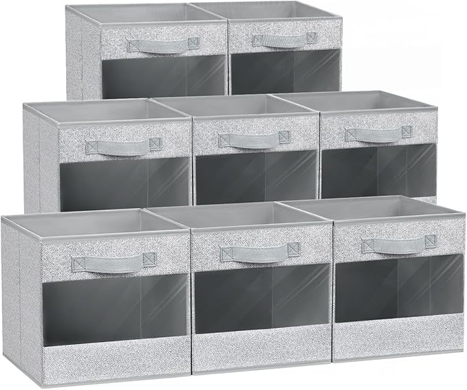 DIMJ Storage Cubes, Foldable 11 Inch Cube Storage Bin, Clear Window Shelf Storage Bins, Fabric Storage Bins for Bedroom, Living Room, Office, Dormitory (8 Pack, Light Grey)-NeatNest