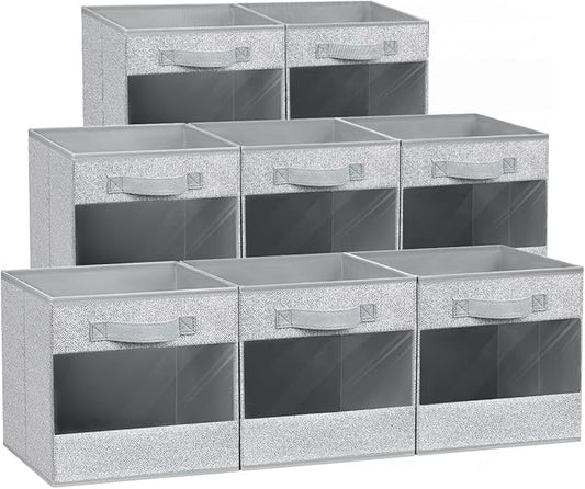 DIMJ Storage Cubes, Foldable 11 Inch Cube Storage Bin, Clear Window Shelf Storage Bins, Fabric Storage Bins for Bedroom, Living Room, Office, Dormitory (8 Pack, Light Grey)-NeatNest