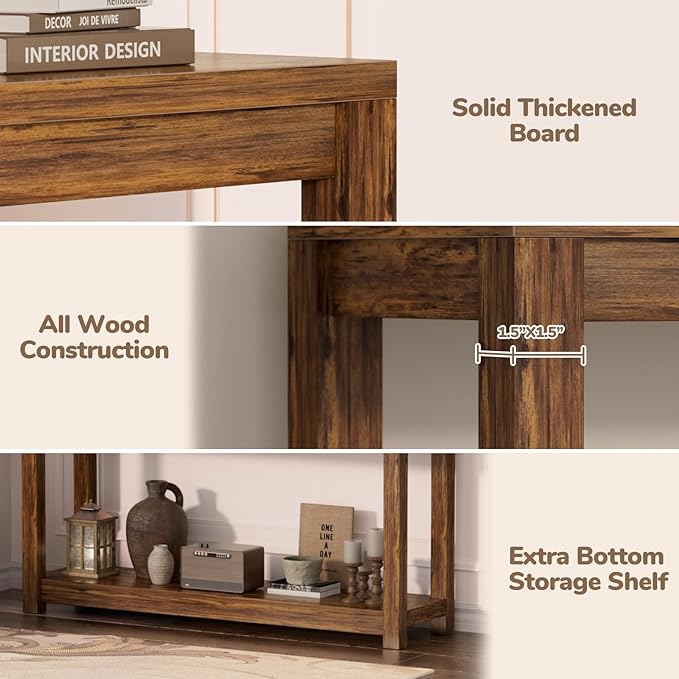47" Farmhouse Wood Entryway Table Narrow Console Table with Storage Behind Couch Sofa Table with Shelves Entry Way Table with Open Storage, Easy Assembly, Rustic Brown-NeatNest