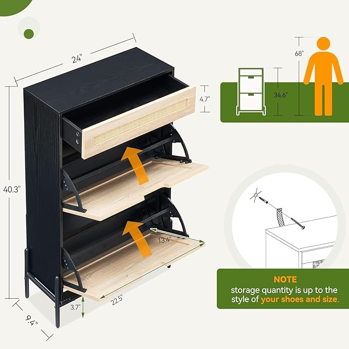 Shoe Cabinet, Shoe Rack Storage Cabinet with 2 Flip Down 1 Drawer, Natural Rattan Freestanding Shoe Cabinet Wood Organizer with 3-Tier Adjustable Shelves for Entryway Hallway Doorway-NeatNest