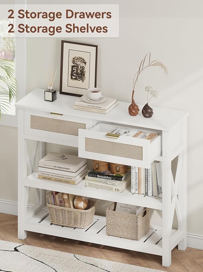 Console Table with 2 Rattan Drawers, Wooden Entryway Table with 3-Tier Storage Shelves, Display Shelf for Entryway, Hallway, Foyer and Living Room, White-NeatNest