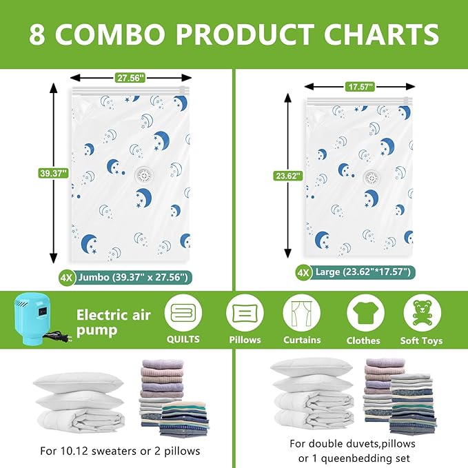 Vacuum Storage Bags with Electric Pump, 8-Pack Large Vacuum Seal Bags for Clothing Vacuum Bags for Travel Packing and Home Bedding Blankets Organization-NeatNest