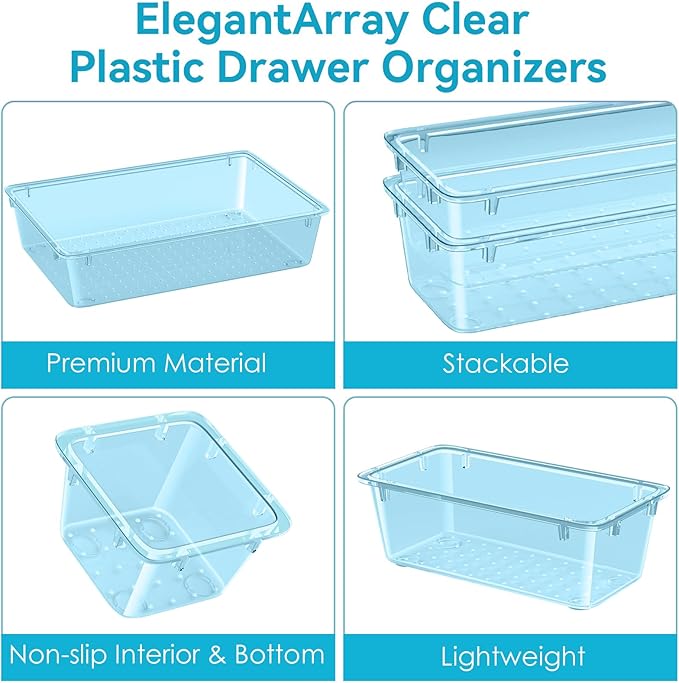 12-Piece Drawer Organizer Set, 4 Sizes Versatile Plastic Vanity Organizer for Makeup, Stationery, Gadgets, in Kitchen, Bathroom, Office, and Bedroom, Sea Blue-NeatNest