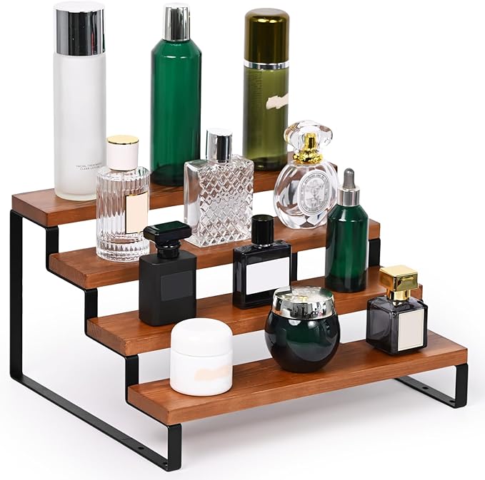4 Tier Wooden Display Riser Stand Perfume Organizer with Metal Stand, Dessert Table Display Set, Food Display Stands for Party, Brown Rustic Solid Wood Shelf for Cupcakes, Perfume, Cologne, Spiece-NeatNest