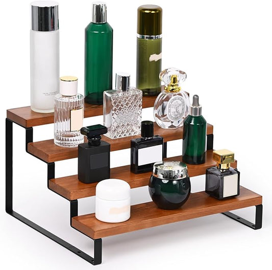 4 Tier Wooden Display Riser Stand Perfume Organizer with Metal Stand, Dessert Table Display Set, Food Display Stands for Party, Brown Rustic Solid Wood Shelf for Cupcakes, Perfume, Cologne, Spiece-NeatNest