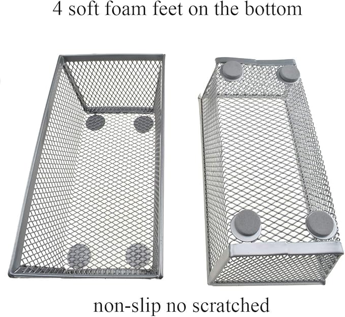 HAHIYO Stackable Mesh Tray Cup 6 x 3 x 2 inches Sturdy Container for Desk Drawer Organizer Collection for Home Office School kitchen Soft Foam Feet No Sharp Edges 2 Pack Silver-NeatNest